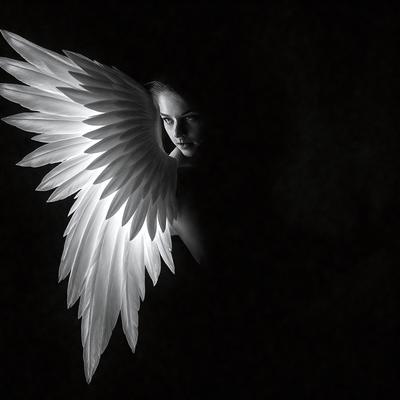 The primary subject of the image is a woman with a pair of white wings. She is standing in a dark room, with her wings illuminated by a light source. The setting appears to be a nighttime scene, with the woman's wings being the main focus of the image. The visual style is a combination of a photo and digital art, creating a unique and captivating image. The colors and mood of the image are predominantly dark, with the woman's wings being the only light source, giving the scene